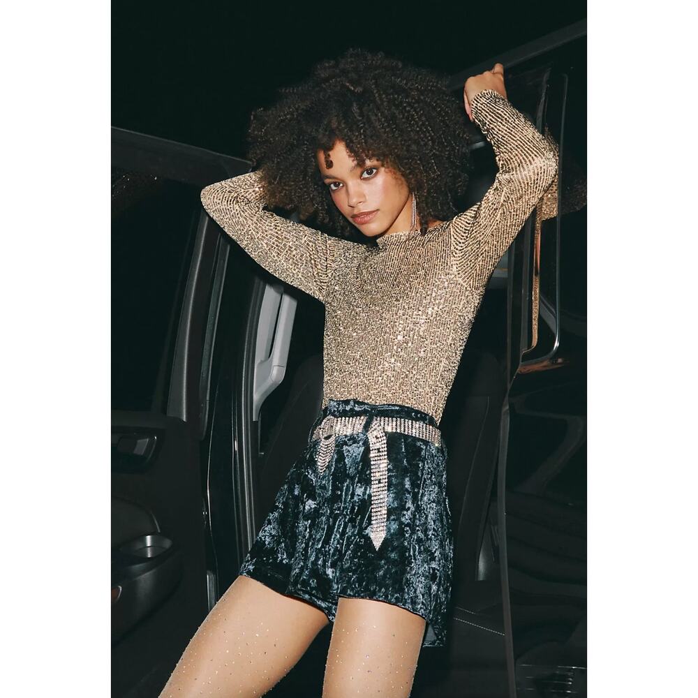 NEW Intimately Free People Rush Sparkly Gold Long Sleeve Top Size Medium Sequins